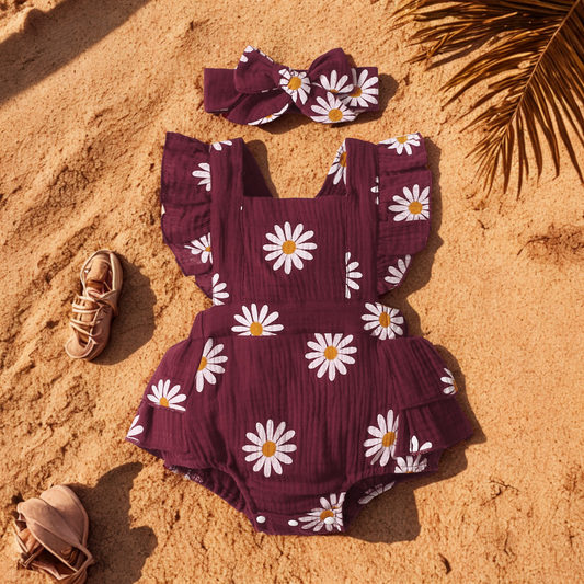 Barboteuse Fleurie et son Bandeau Assorti
